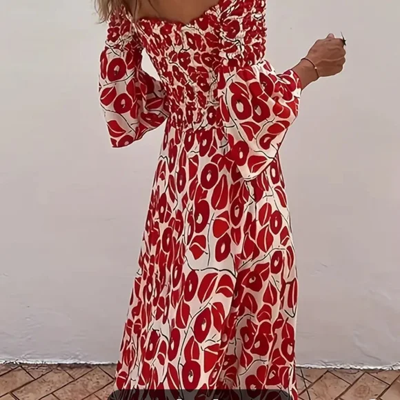 Beautiful boho maxi dress with 3/4 sleeve,  off shoulder, ruched top, full skirt - Picture 3 of 12